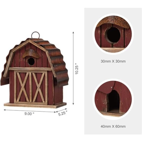 10.25" Hanging Birdhouse Rustic Wooden Barn Garden Bird House for Outdoor - Picture 5 of 6